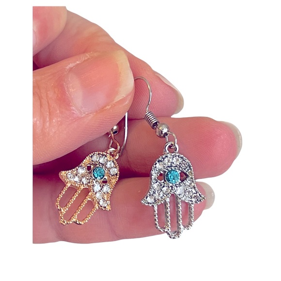 Hamsa Hand Rhinestone Earrings - Picture 1 of 11
